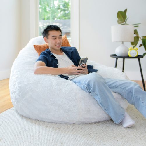 11651071 Big Joe Lotus Bean Bag Chair Ivory Short Shag Lifestyle 3