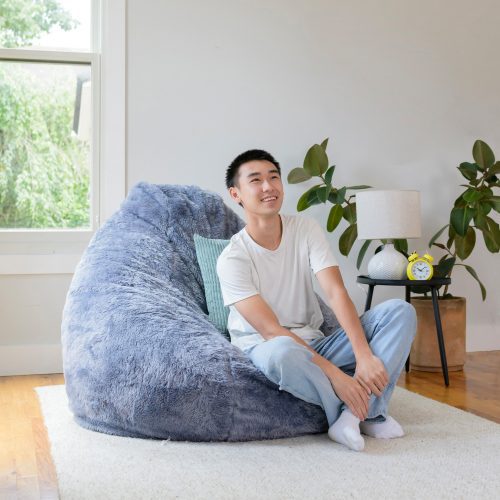 1165365 Big Joe Lotus Bean Bag Chair Stone Short Shag Lifestyle 2